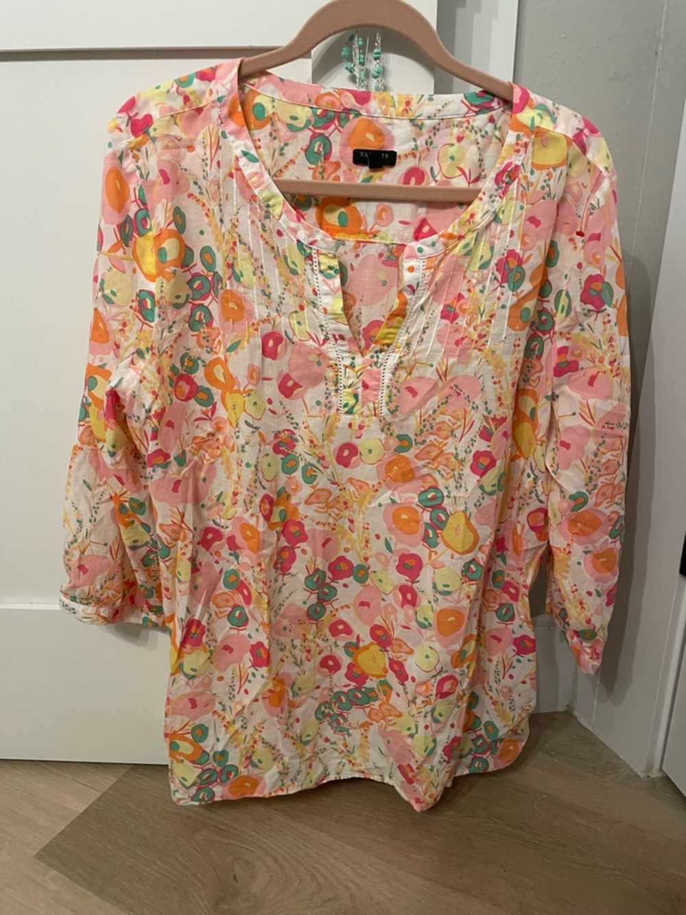 Talbots Multicolor Floral Pintuck Tunic - Pink/Yellow/Green - 2X